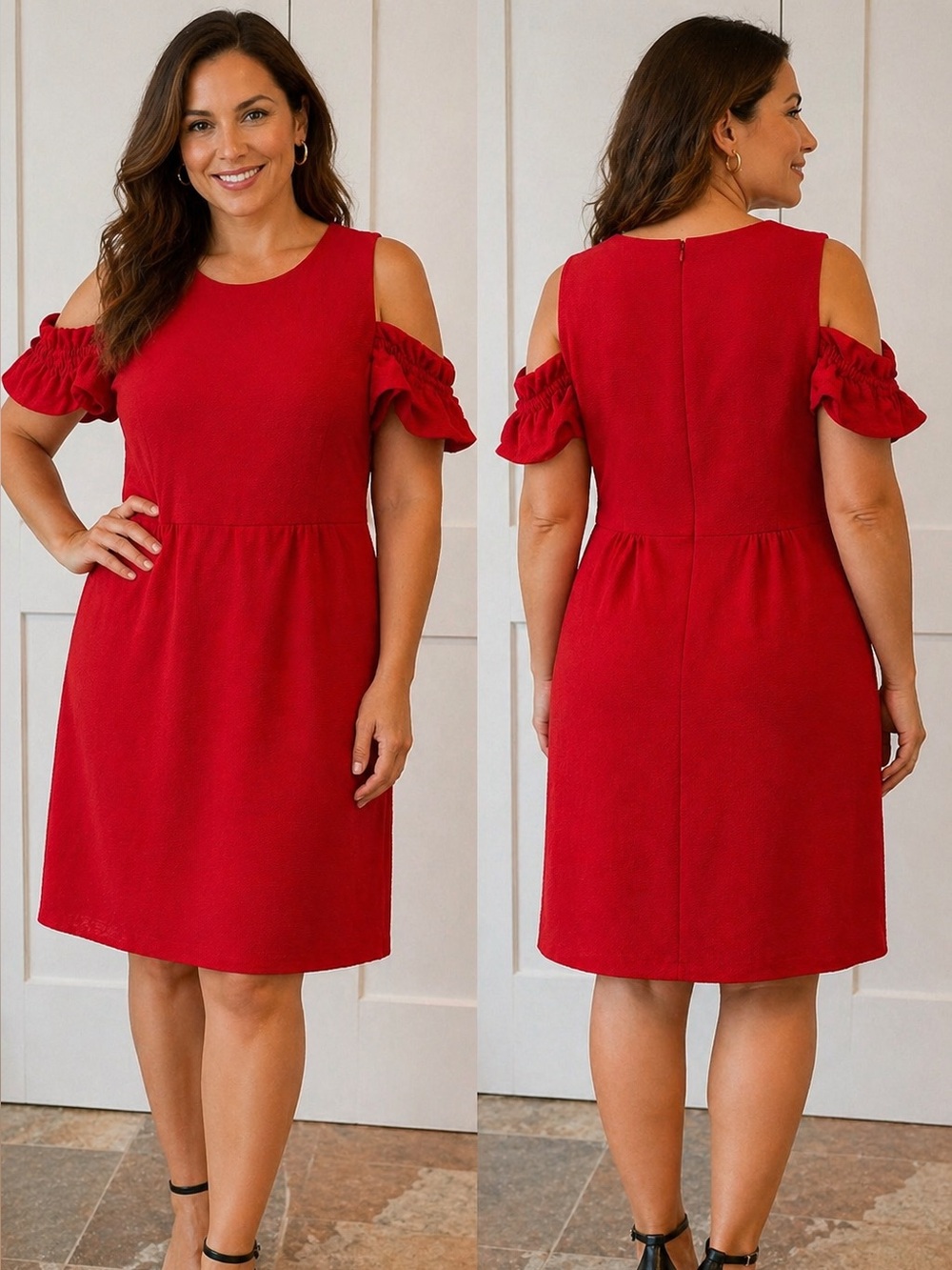 Tahari Arthur S. Levine Red Textured Dress Size 12 Ruffle Sleeve